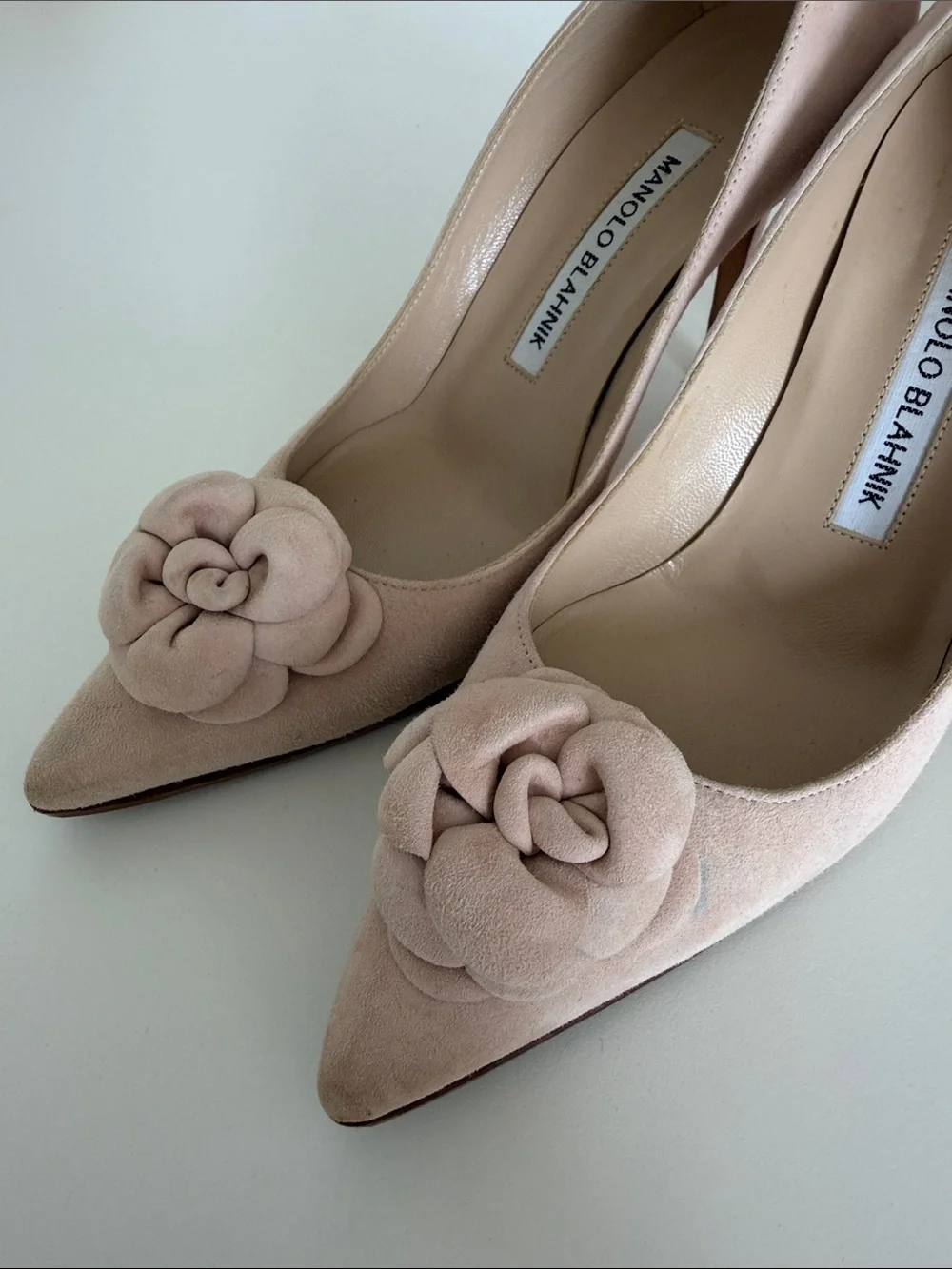 Manolo Blahnik Pale Pink/ Cream Suede Pointed-Toe Pumps with Camellia Detail